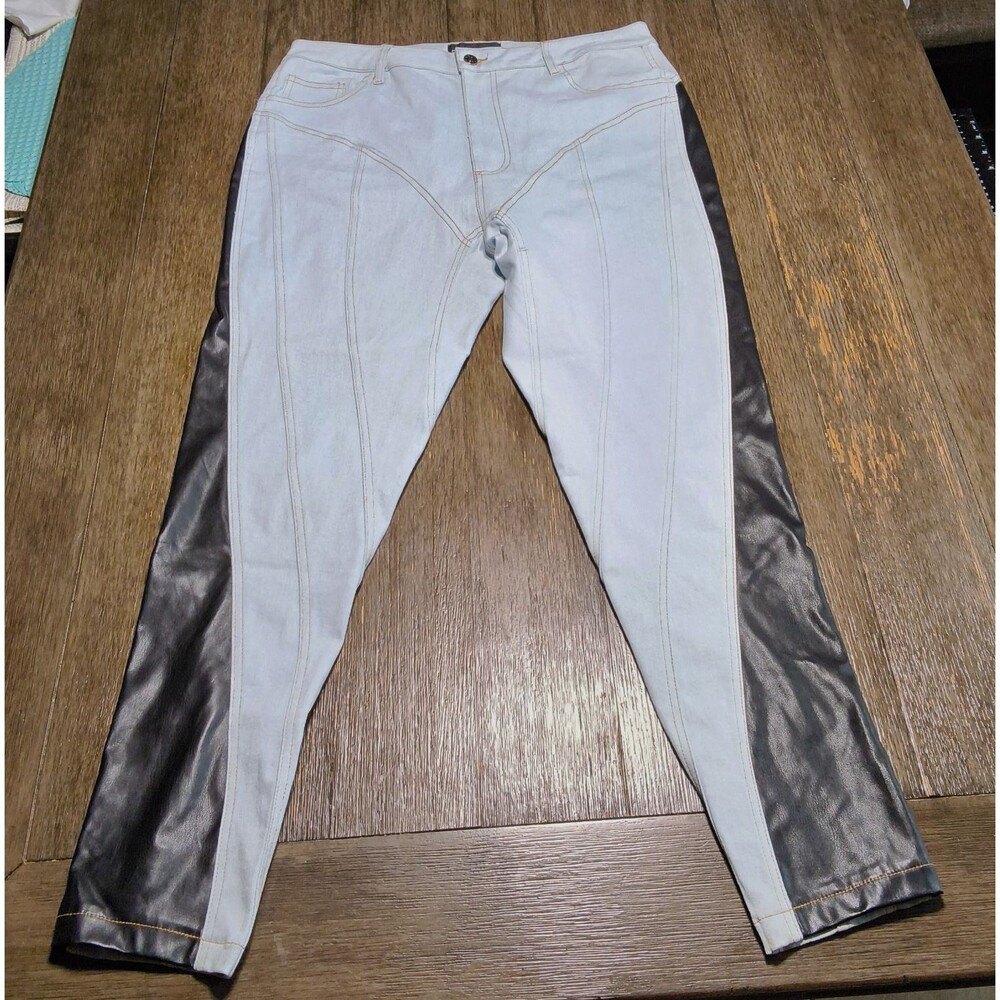Fashion Nova Women’s Juniors Skinny Jeans Light Wash Faux Leather Panels Sz 15